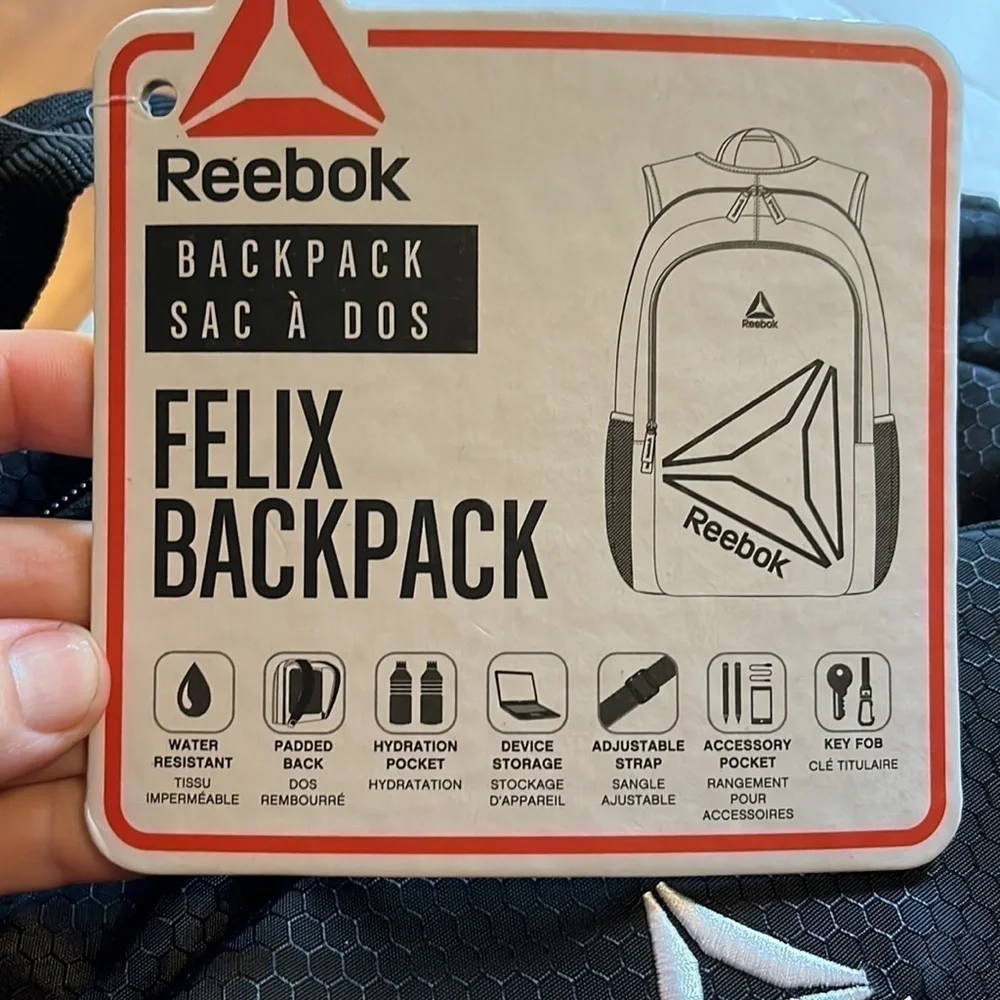 NWT reebok flex, backpack, color, black and silver. H19.5”xW13”D7”
